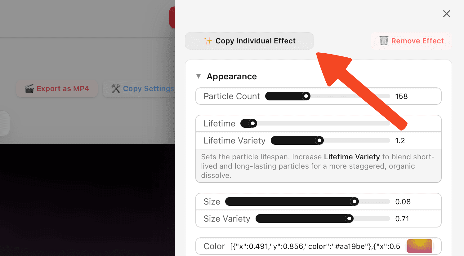 Copy Individual Effect button in the effect settings panel